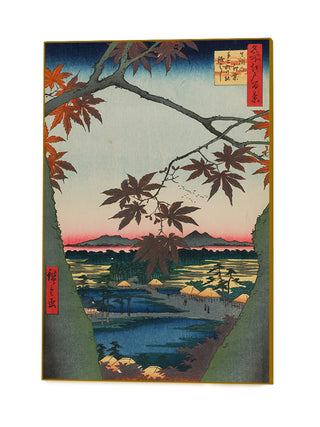 Maple Trees at Mama, Tekona Shrine and Linked Bridge, No. 94 Art Block by Utagawa Hiroshige Art Block